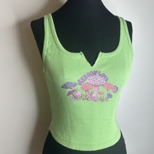 VTG Urban Outfitters Shroom Love Tank Crop Top Sz M Graphic Green Ribbed Fairy